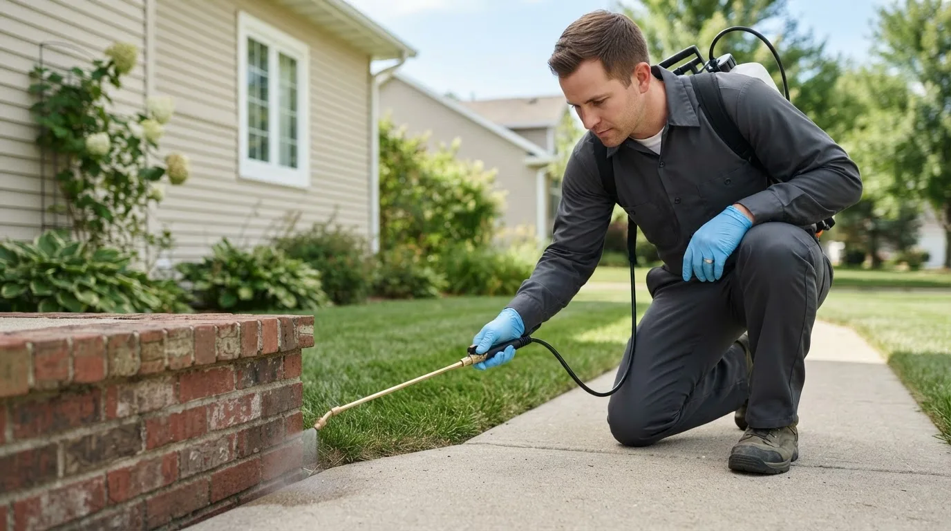 Pest control technician treating a home near Bonita, LA